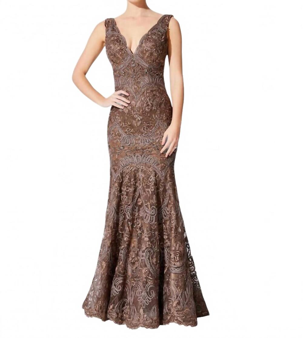 NEW IVONNE D beaded tulle v-neck mermaid gown in cappucino